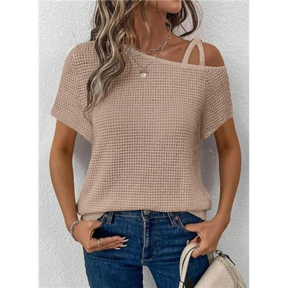 Off Shoulder Waffle Knit Top One Sleeve Casual Lightweight Summer T Shirt - Picture 4 of 6